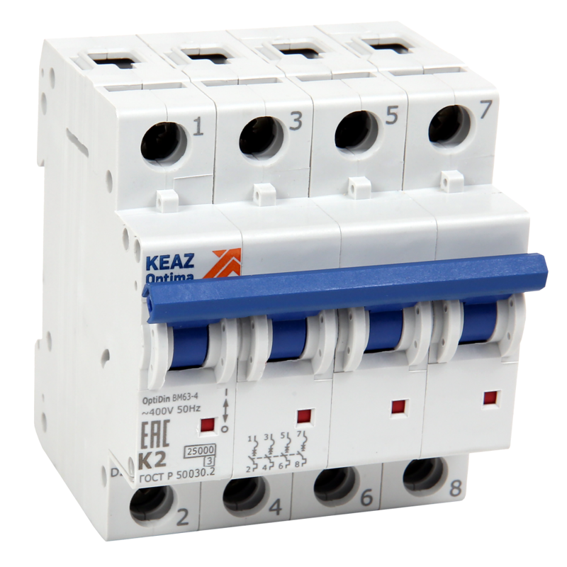 Выключатель автоматический модульный 4п K 25А OptiDin ВМ63-4K25-20-УХЛ3 КЭАЗ 342169