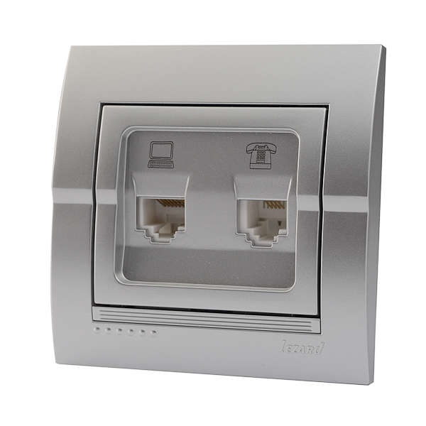 Розетка компьютерная + телефонная 2-м СП Deriy RJ45 + RJ11 серебр. метал. LEZARD 702-2828-143