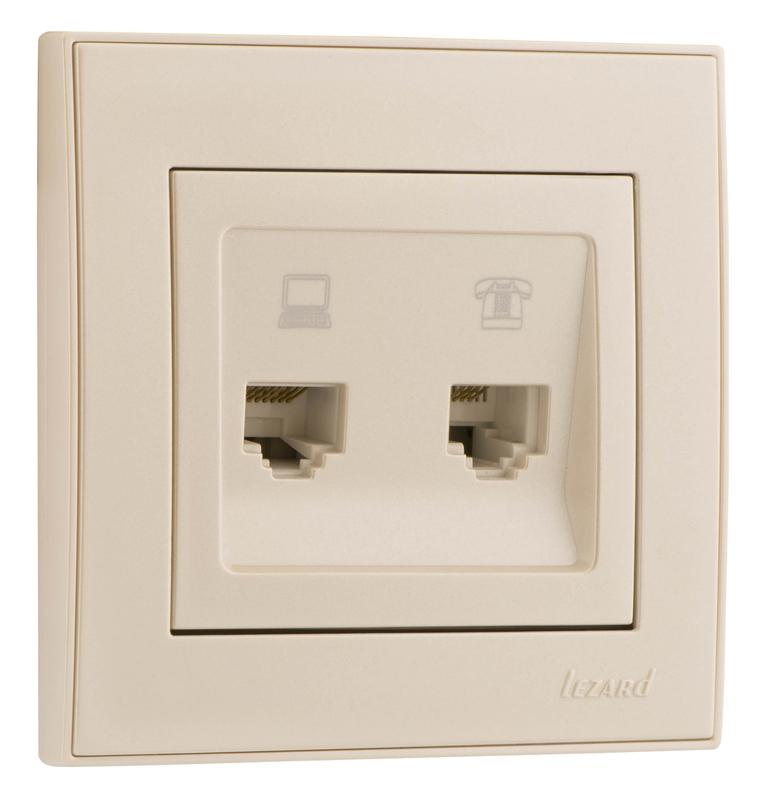 Розетка компьютерная + телефонная 2-м СП Rain RJ45 + RJ11 жемчуж./бел. перламутр. LEZARD 703-3030-143