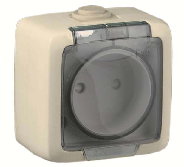 Розетка 1-м ОП Альфа 16А IP44 брызгозащ. без заземл. без защ шторок с крышкой сл. кость HEGEL РА16-201-01