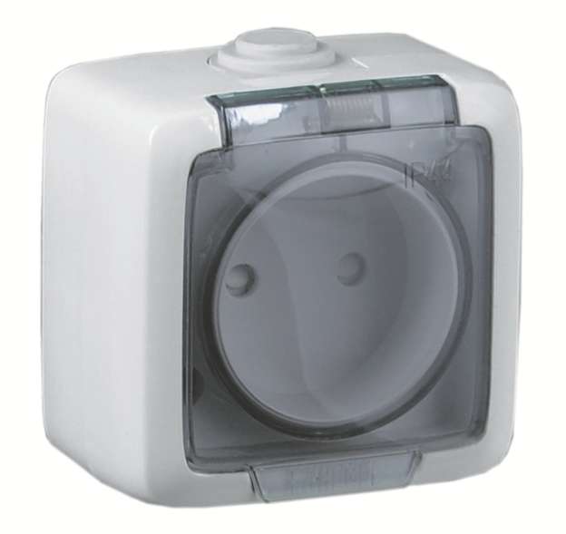 Розетка 1-м ОП Альфа 16А IP44 250В без заземл. защ. шторки с крышкой бел. HEGEL РА16-202
