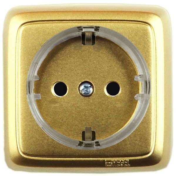 Розетка 1-м ОП Альфа 16А IP20 250В с заземл. защ. шторки с изолир. пластиной (стакан) зол. HEGEL РА16-174-07