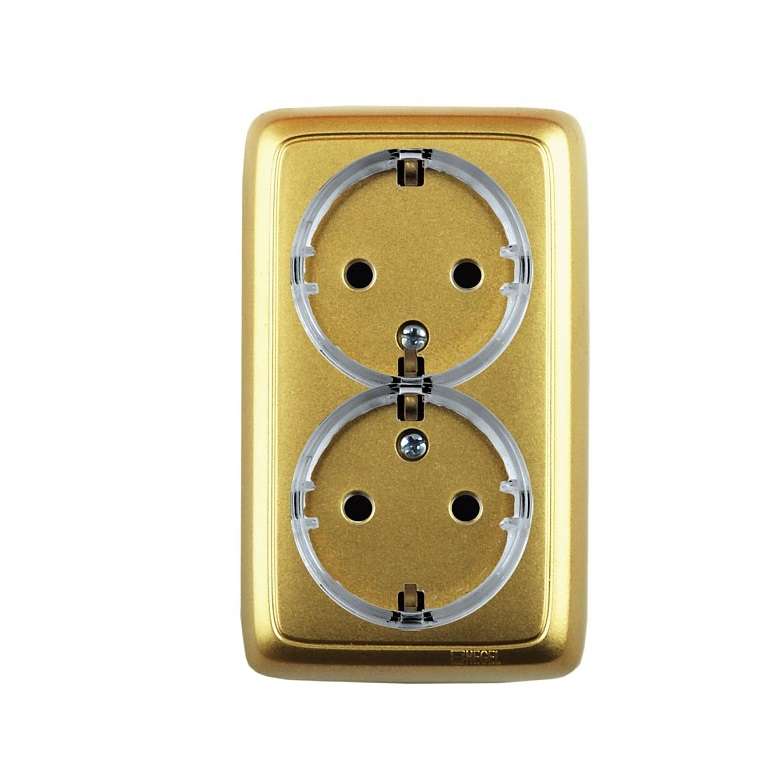 Розетка 2-м ОП Альфа 16А IP20 с заземл. защ. шторки с изолир. пластиной зол. HEGEL РА16-184-07