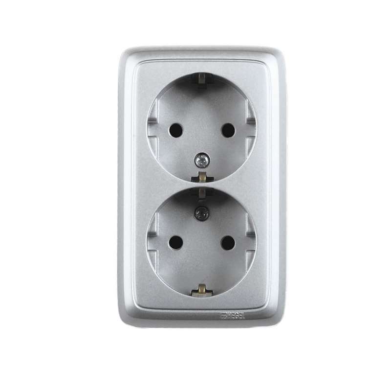 Розетка 2-м ОП Альфа 16А IP20 250В с заземл. защ. шторки с изолир. пластиной серебр. HEGEL РА16-154-06