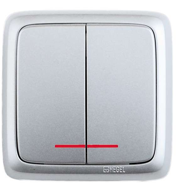 Выключатель 2-кл. ОП Альфа 10А IP20 250В с индикацией с изолир. пластиной серебр. HEGEL ВА10-154-06