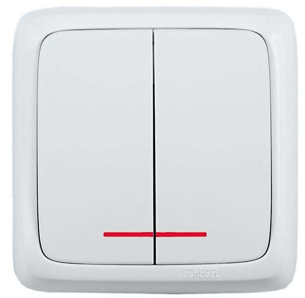 Выключатель 2-кл. ОП Альфа 16А IP20 250В с индикацией с изолир. пластиной бел. HEGEL ВА16-154