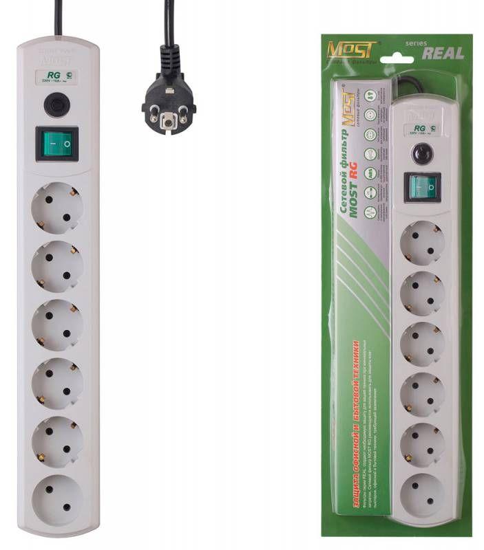 Удлинитель с сетевым фильтром 6х10м 1-м - без заземл. + 5-м - с заземл. 10А ПВС 3х0.75 бел. Most RG 544421