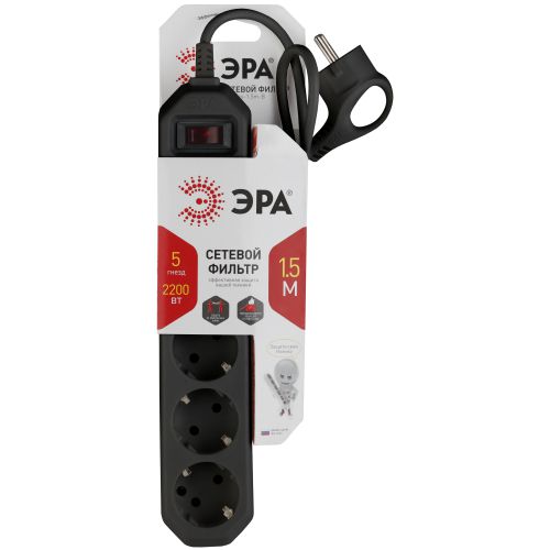 Удлинитель с сетевым фильтром 5х1.5м с заземл. 10А IP20 USF-5es-1.5m-B ПВС 3х0.75 с выкл. черн. Эра Б0019032