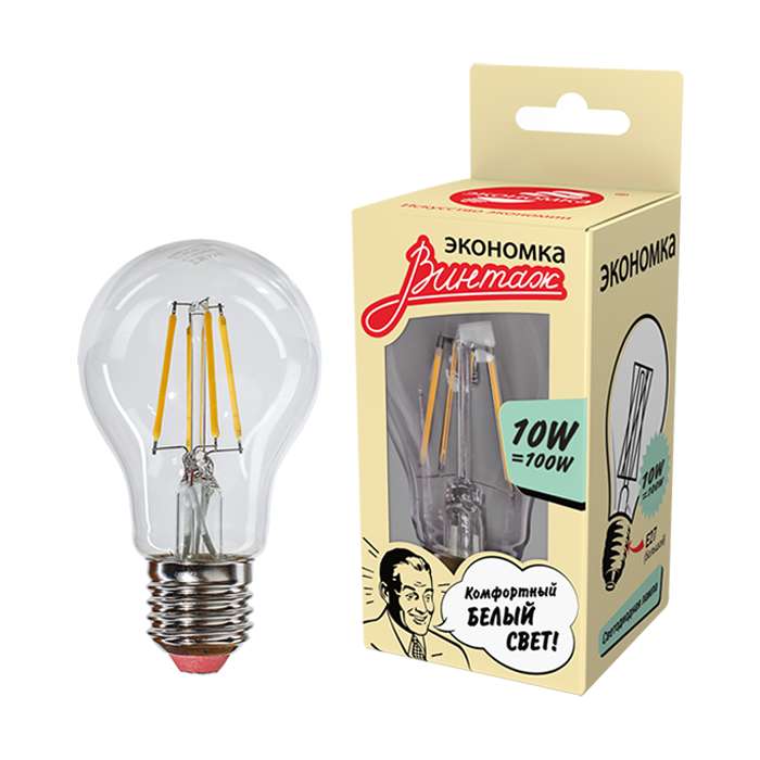 Лампа светодиодная Филамент 10Вт A60 грушевидная 4500К E27 1100лм 160-260В ЭКОНОМКА EcoLedFL10wA60E2745