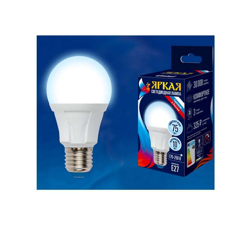 Лампа светодиодная LED-A60 10W/DW/E27/FR PLP01WH Яркая 10Вт грушевидная матовая 6500К холод. бел. E27 (упак. картон) Uniel UL-00002004