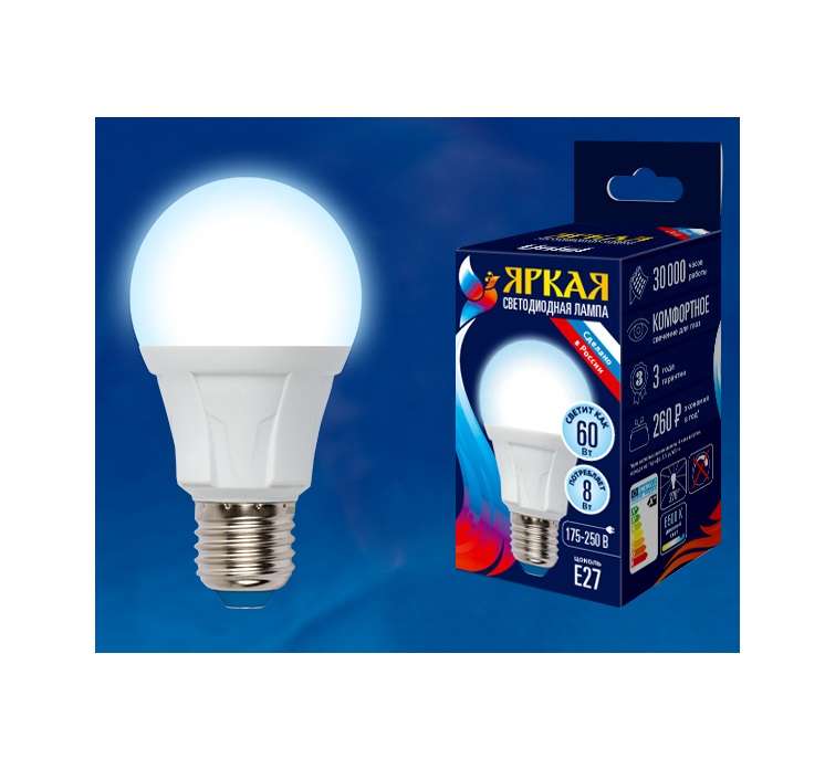 Лампа светодиодная LED-A60 8W/DW/E27/FR PLP01WH Яркая 8Вт грушевидная матовая 6500К холод. бел. E27 (упак. картон) Uniel UL-00002003