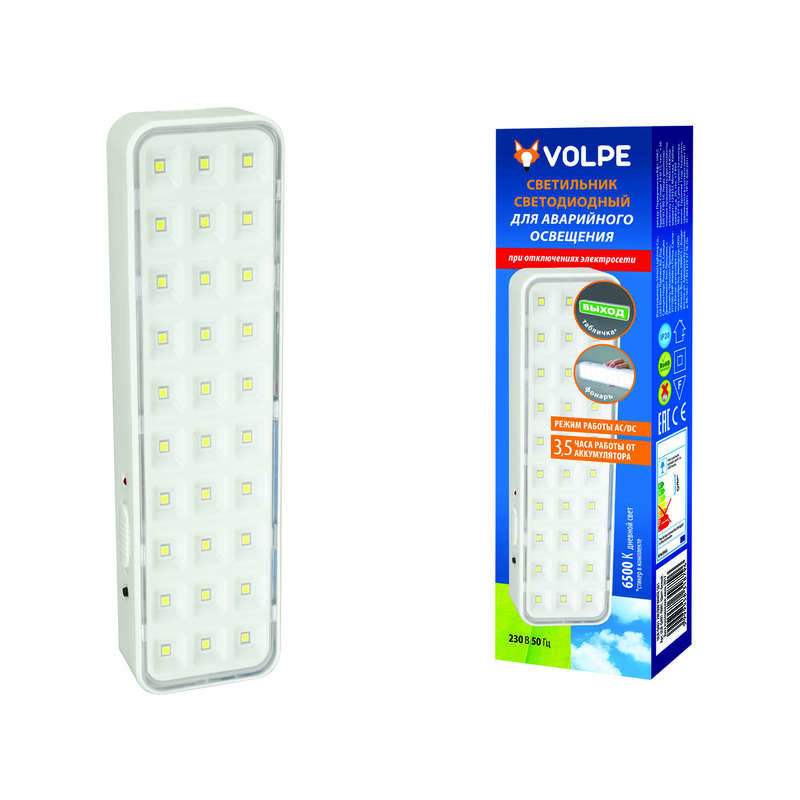 Светильник светодиодный ULR-Q401 2W/DW WHITE S01 авар. освещения "ВЫХОД" свет дневной 6500К встроен. аккум. AC/DС бел. Volpe UL-00002387