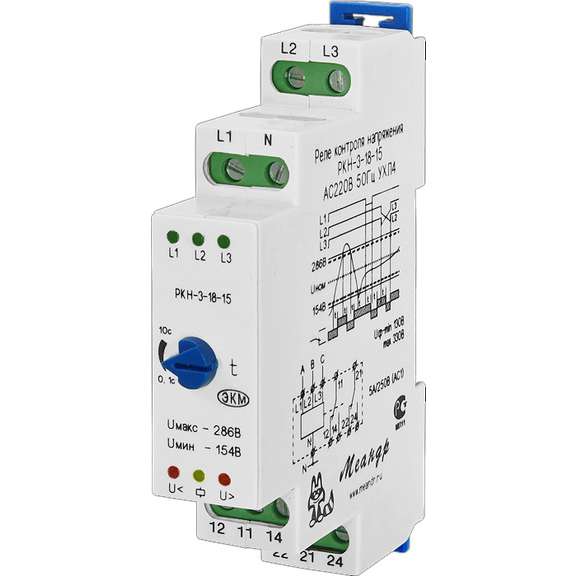 Реле контроля трехфазного напряжения РКН-3-18-15 AC230В/AC400В УХЛ4 4-х проводная схема вкл. задержка срабатывания от 0.1...10с ток контактов исполнит. реле 8А 2П Меандр A8302-16933990
