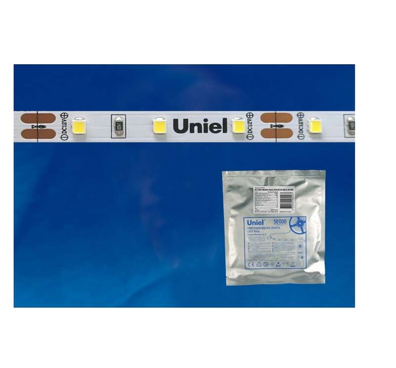 Лента светодиодная ULS-2835-60LED/m-8mm-IP20-DC24V-6W/m-5M-DW 6Вт/м 60LED/м 6500К холод. бел. IP20 24В DC 8мм гибкая на самоклеящейся основе герметичн. упак. (уп.5м) Uniel UL-00002969