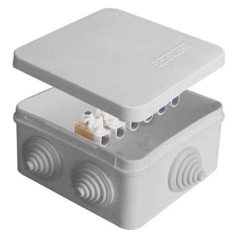 Коробка распределительная ОП 84х84х45мм IP54 с клемм. 7 выходов 3 гермоввода 10А 6 контактов крышка защелкивающаяся сер. Epplast 120074