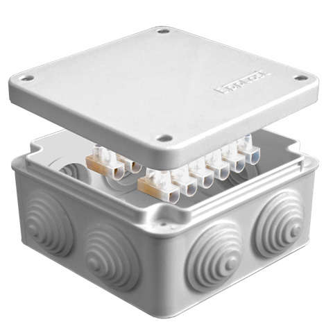 Коробка распределительная ОП 105х105х56мм IP54 с клемм. 7 выходов 4 гермоввода 10А 12 контактов крышка на винтах сер. Epplast 110044