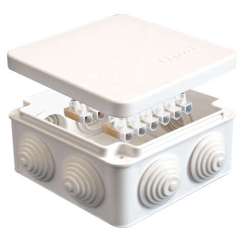 Коробка распределительная ОП 105х105х56мм IP54 с клемм. 7 выходов 4 гермоввода 10А 12 контактов крышка защелкивающаяся бел. Epplast 100013