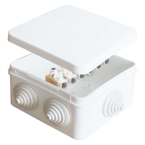 Коробка распределительная ОП 84х84х45мм IP54 с клемм. 7 выходов 3 гермоввода 10А 6 контактов крышка защелкивающаяся бел. Epplast 120073