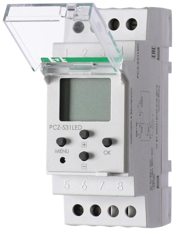 Реле времени PCZ-531LED 8А 9-30В DC IP20 2мод. 1 канал программирован. изменения уровня яркости ламп накаливания или LED лент с 9-30В DC недельный цикл установка на DIN-рейку F&F EA02.002.016