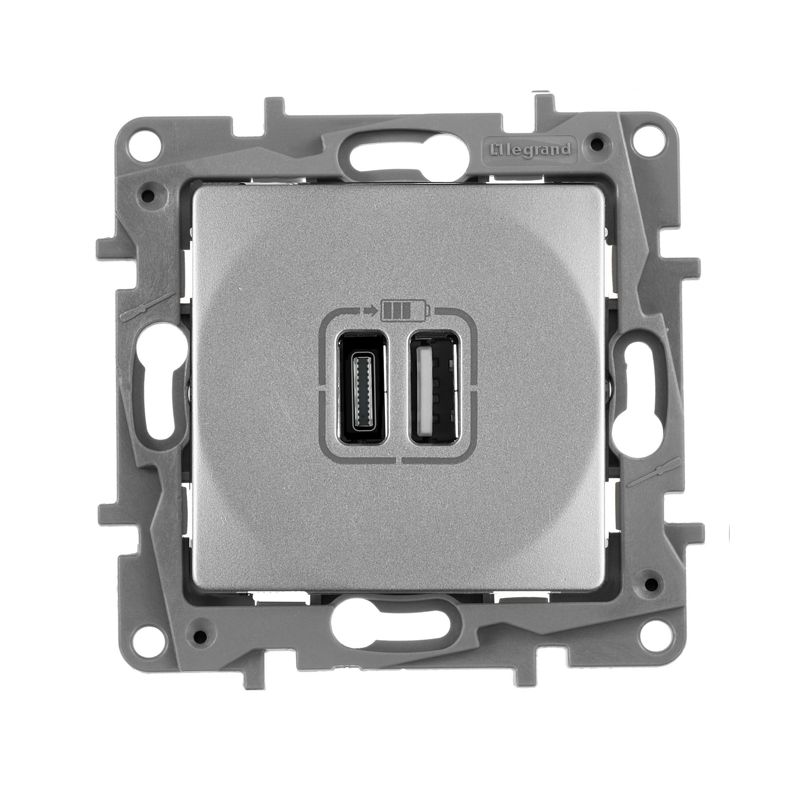 Устройство зарядное Etika с 2-мя USB разъемами A и C 240В/5В 3000мА алюм. IEK 672436