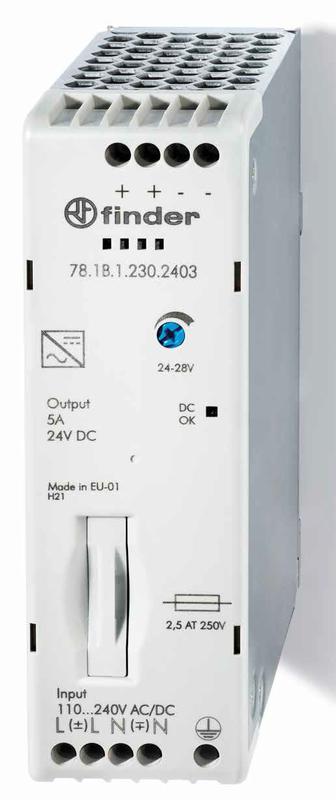 Источник питания импульсный вх. 120...240В AC/220В DC; вых. 24В DC 120Вт; компакт. IP20 FINDER 781B12302403PAS