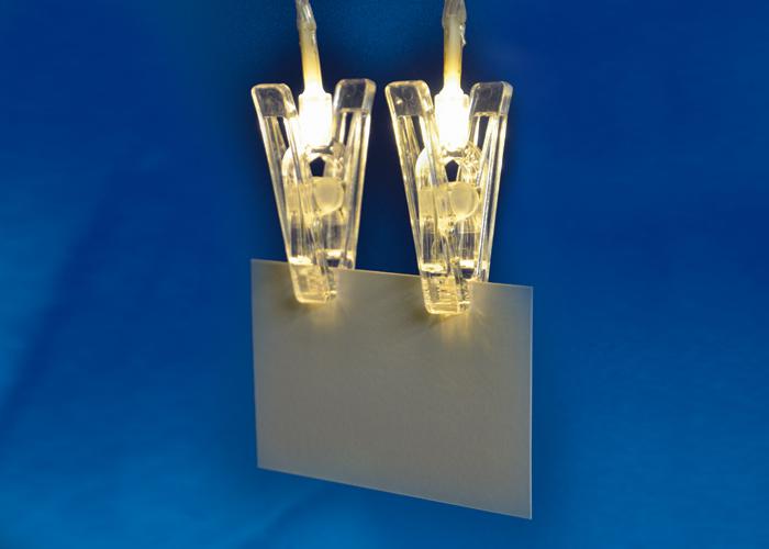 Гирлянда светодиодная ULD-S0200-010/STB/2AA WARM WHITE IP20 CLIPS на батарейках 2AA (не в компл.) «Прищепки» 2м тепл. бел. свет провод прозр. Uniel UL-00005484