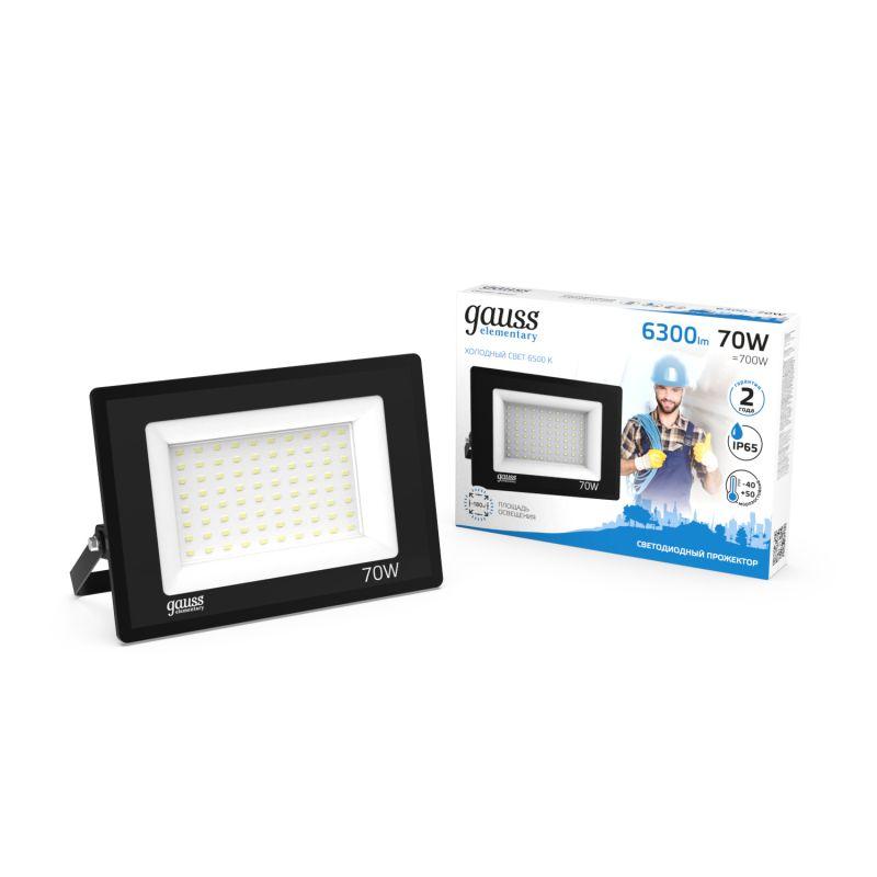 Прожектор светодиодный Elementary 70Вт 6500К IP65 6300лм 170-264В ДО черн. GAUSS 613100370