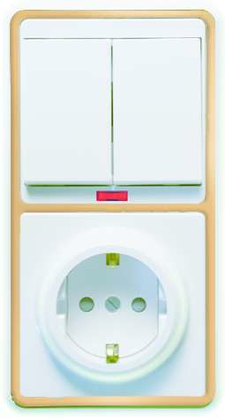 Блок БКВР-210 Бэлла (2-кл. выкл. с подсветкой + розетка с заземл. защ. шторки) зол. Кунцево 5838