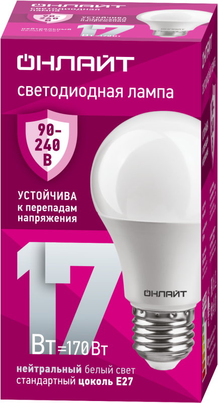 Лампа светодиодная 90 403 OLL-A60-17-230-4K-E27 17Вт грушевидная 4000К E27 90-240В PRO ОНЛАЙТ 90403