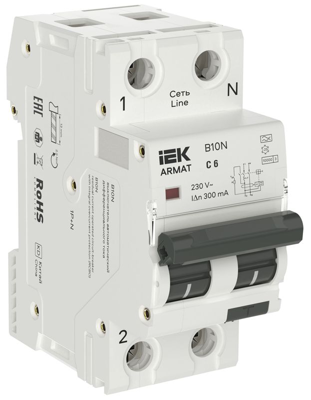 Выключатель автоматический дифференциального тока 2п (1P+NP) C 6 300мА тип A АВДТ B10N 36мм ARMAT IEK AR-B10N-1N-C006A300