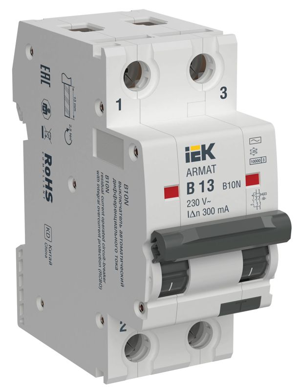 Выключатель автоматический дифференциального тока 2п B 13А 300мА тип AC АВДТ B10N ARMAT IEK AR-B10N-2-B013C300