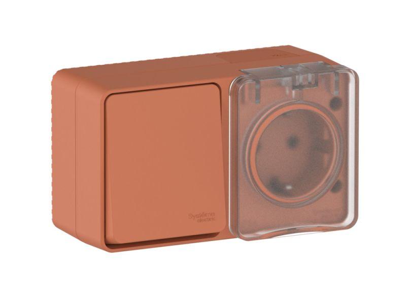 Блок ОП AtlasDesign PROFI IP54 (розетка 1-м 16А заземл. защ. шторки + 1-кл. выключатель 10А) терракот. SE ATN547070