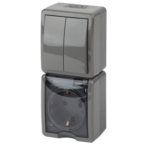 Блок розетка+выкл. ОП Эра Эксперт 11-7408-03 16А(10AX)-250В двойн. верт. IP54 сер. ЭРА Б0036007