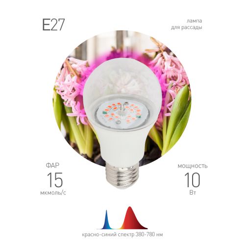 Лампа светодиодная FITO-10W-RB-E27-K 10Вт A60 грушевидная прозрачная 1310К E27 130-270В для растений красн./син. спектр Эра Б0039069