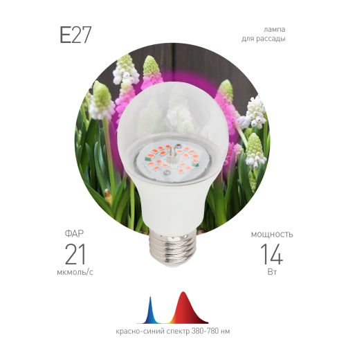 Лампа светодиодная FITO-14W-RB-E27-K 14Вт A60 грушевидная прозрачная 1310К E27 130-270В для растений красн./син. спектр Эра Б0039071