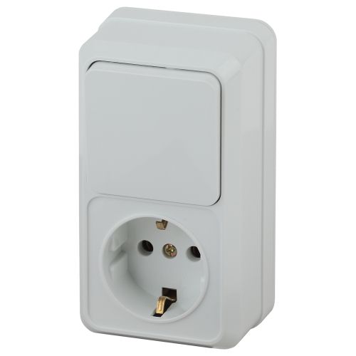 Блок ОП Quadro 2-705-01 (1-м розетка + 1-кл. выкл.) 10(16)А IP20 250В вертикал. бел. Intro Б0053882