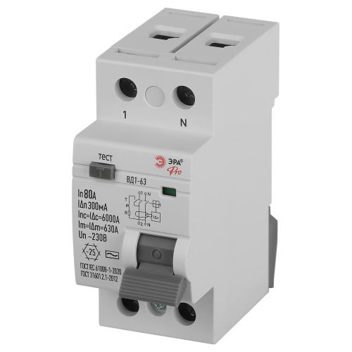 Выключатель дифференциального тока (УЗО) 2п 80А 300мА тип S ВД1-63 PRO электромех. VD2EM80S300 ЭРА Б0061794
