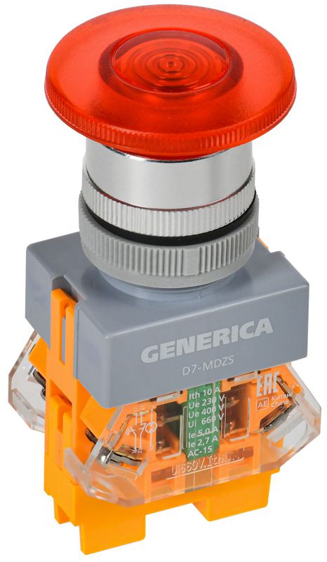 Кнопка D7-MDZS "Грибок" d22мм 1НО+1НЗ с подсветкой и фиксацией красн. GENERICA BBG50-11MDZS-3-11-K04-G