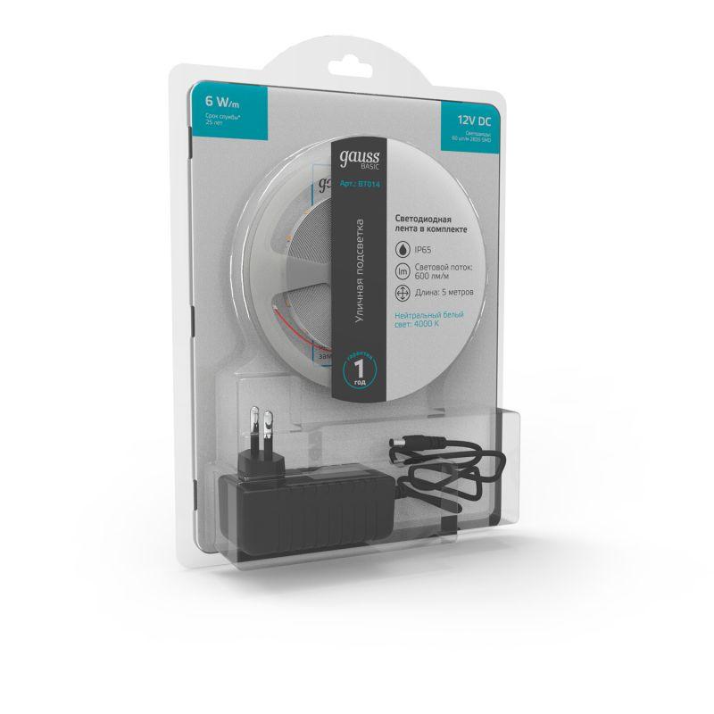 Лента светодиодная Basic 2835/60-SMD 6Вт/м 4000К нейтр. бел. IP65 600лм/м 12В 8мм драйвер (уп.5м) GAUSS BT014