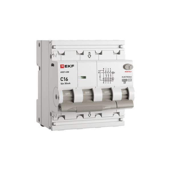 Выключатель автоматический дифференциального тока 4п (3P+N) C 16А 30мА тип AC 6кА АВДТ-63N электронный PROxima EKF D63N46E16C30