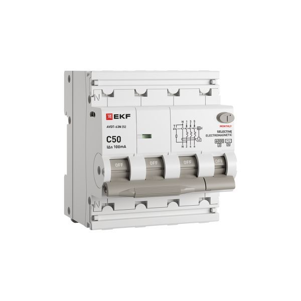 Выключатель автоматический дифференциального тока 4п (3P+N) C 50А 100мА тип AC 6кА АВДТ-63N (S) селективный электромеханич. PROxima EKF D63N46MS50C100