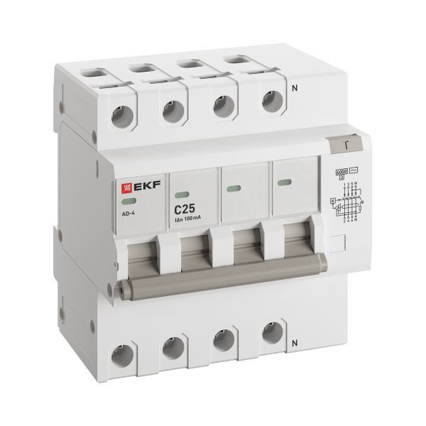 Выключатель автоматический дифференциального тока C 25А 100мА тип AC 6кА АД-4 (электрон.) защита 270В PROxima EKF DA4-6-25-100-pro
