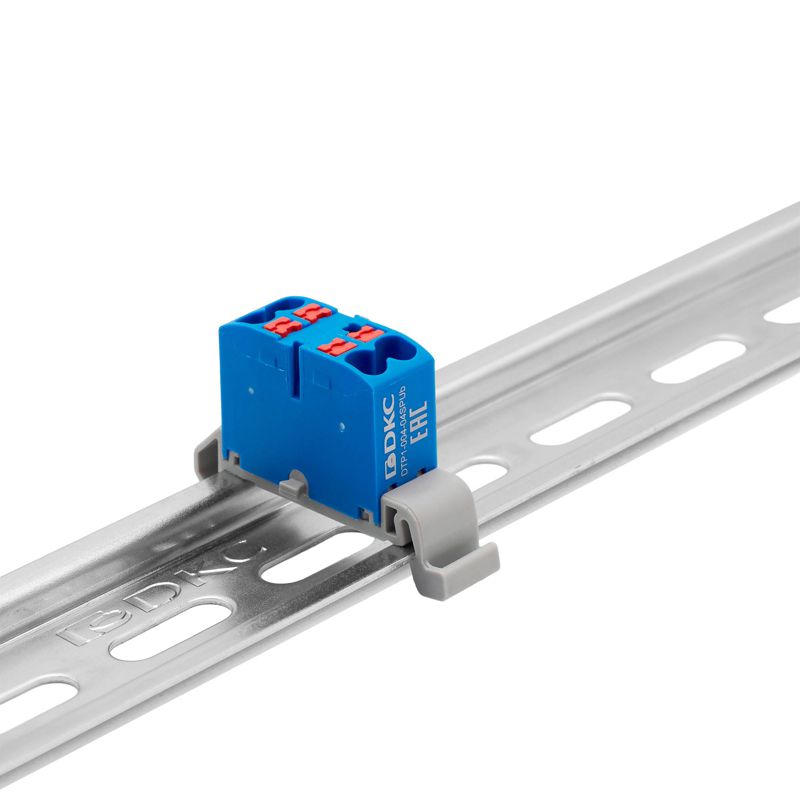 Блок распределительный с горизонт. адаптером на рейку шир. 35мм зажим push-in 4 точки подключения 2.5кв.мм син. DKC DTP1-004-04SPUB-H