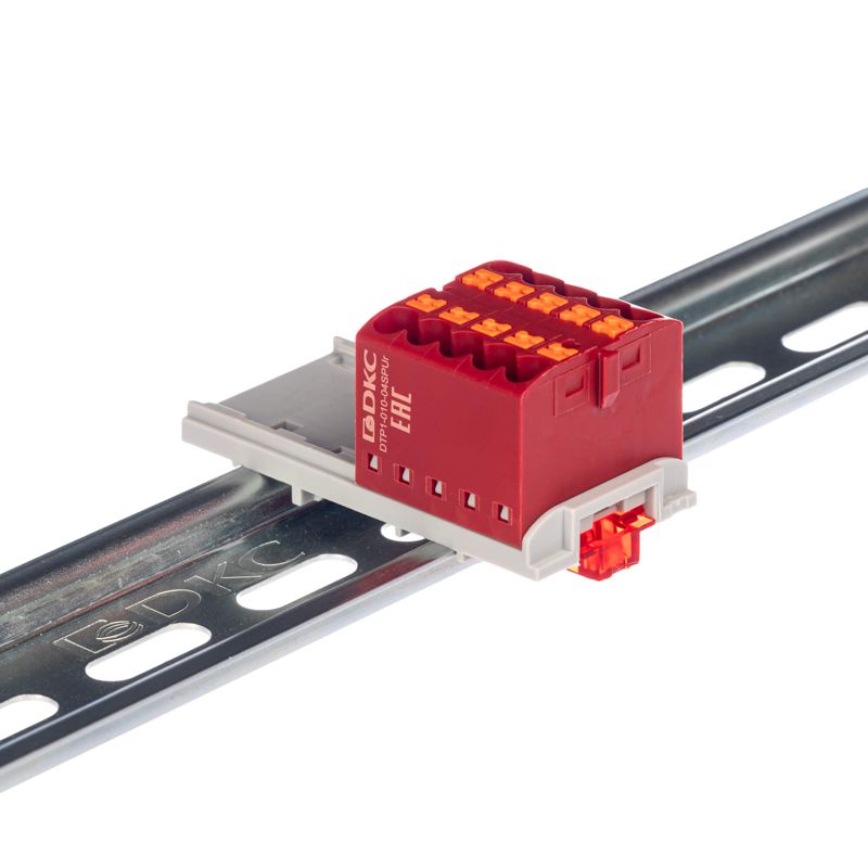 Блок распределительный с вертикал. адаптером на рейки шир. 15/35мм зажим push-in 10 точек подключения 2.5кв.мм красн. DKC DTP1-010-04SPUR-V