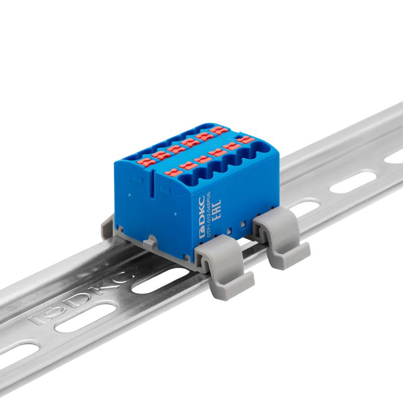 Блок распределительный с горизонт. адаптером на рейку шир. 35мм зажим push-in 12 точек подключения 2.5кв.мм син. DKC DTP1-012-04SPUB-H