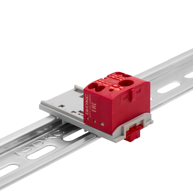 Блок распределительный с вертикал. адаптером на рейки шир. 15/35мм зажим push-in 1 ввод 6кв.мм 4 точки подключения 2.5кв.мм красн. DKC DTP1-104-104SPUR-V