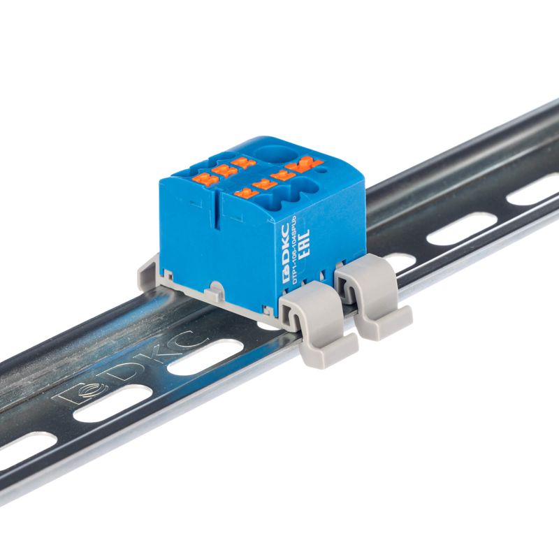 Блок распределительный с горизонт. адаптером на рейку шир. 35мм зажим push-in 1 ввод 6кв.мм 6 точек подключения 2.5кв.мм син. DKC DTP1-106-104SPUB-H