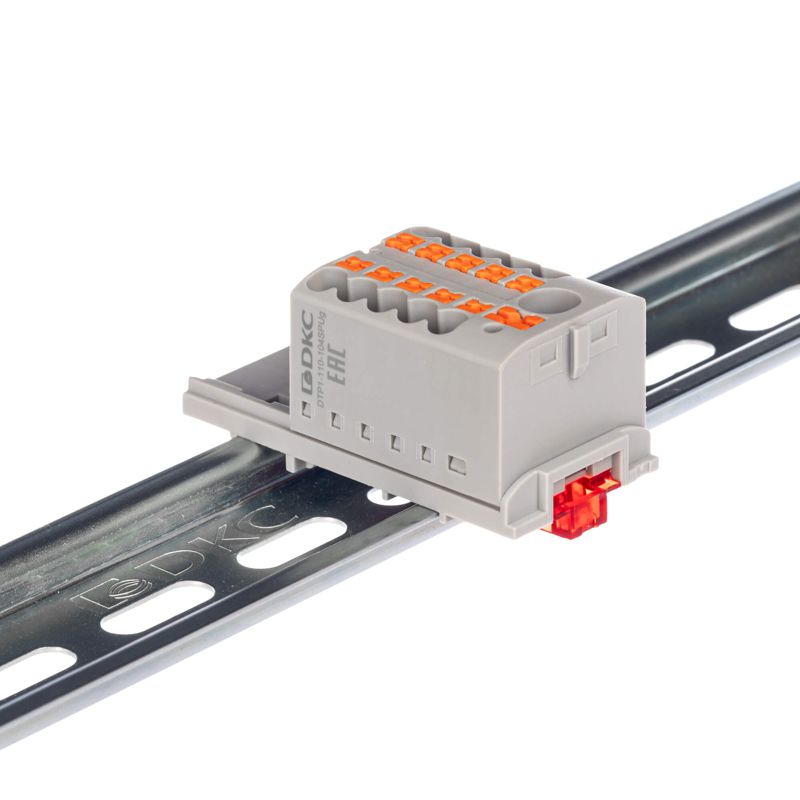 Блок распределительный с вертикал. адаптером на рейки шир. 15/35мм зажим push-in 1 ввод 6кв.мм 10 точек подключения 2.5кв.мм сер. DKC DTP1-110-104SPUG-V