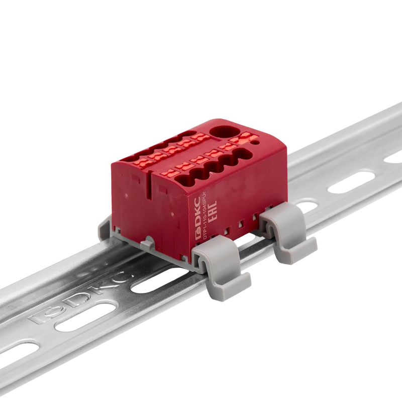 Блок распределительный с горизонт. адаптером на рейку шир. 35мм зажим push-in 1 ввод 6кв.мм 10 точек подключения 2.5кв.мм красн. DKC DTP1-110-104SPUR-H