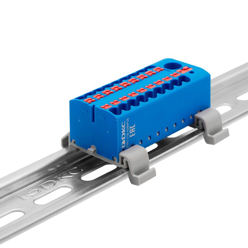 Блок распределительный с горизонт. адаптером на рейку шир. 35мм зажим push-in 1 ввод 6кв.мм 18 точек подключения 2.5кв.мм син. DKC DTP1-118-104SPUB-H
